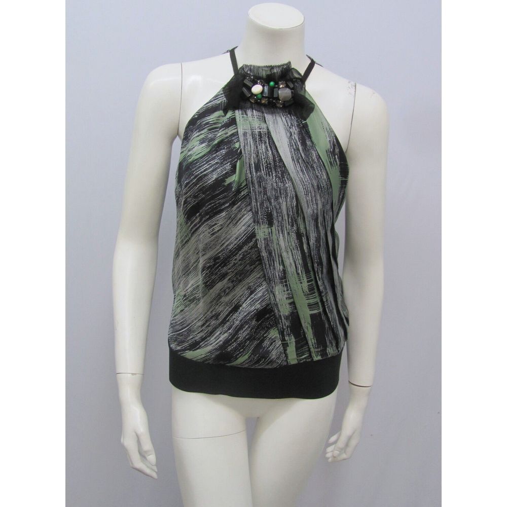 ROBERT RODRIGUEZ 100% SILK HALTER TOP AMAZING GREEN BLACK PRINTED JEWEL COLLAR 8
